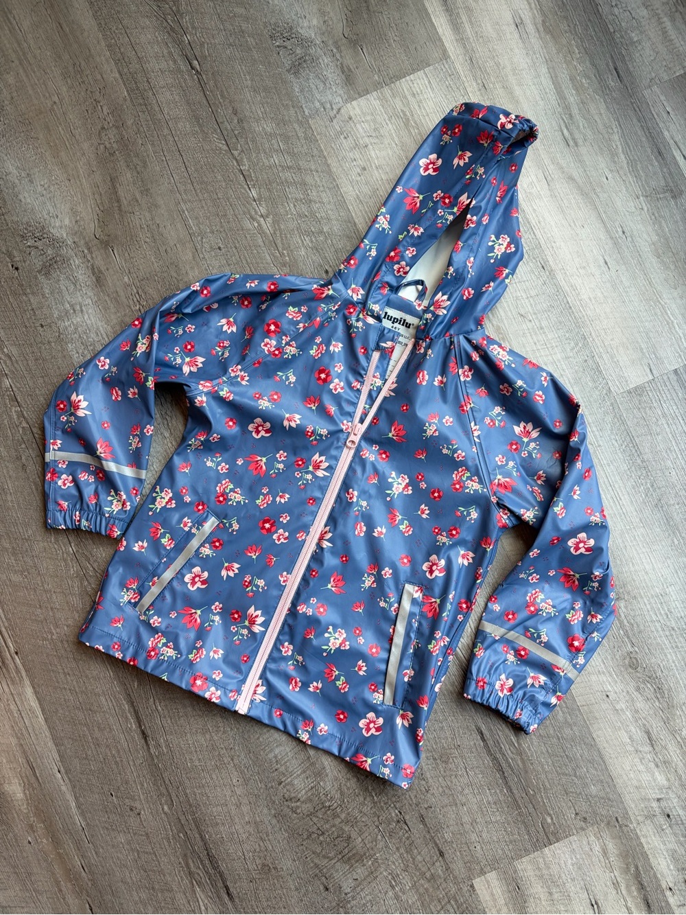 Girls' Lupilu Floral Hooded Rain Jacket - Blue with Pink Flowers Size 4-6 years